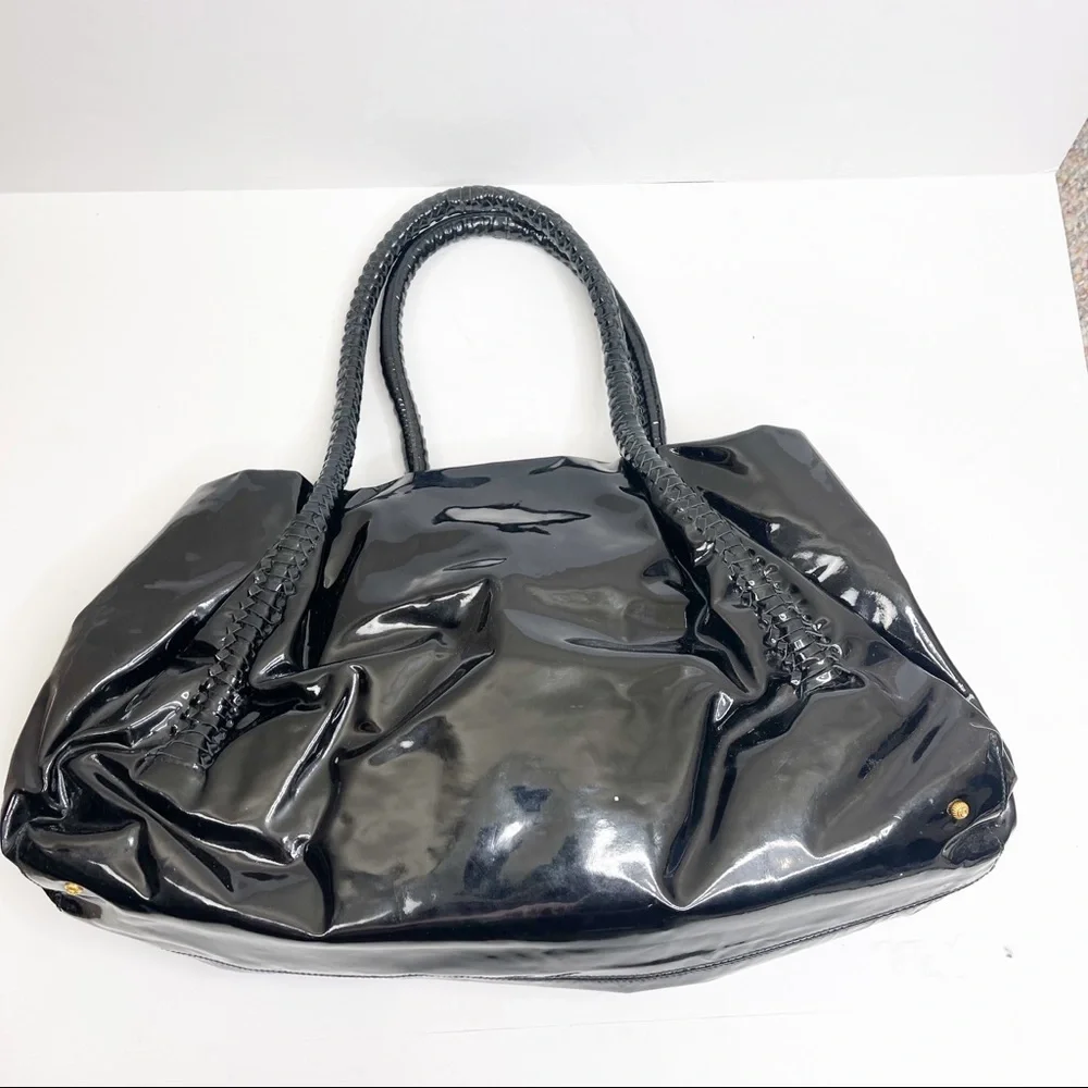 Salvatore Ferragamo Large Patent Leather Braided Handle Lock Hardware Ho…